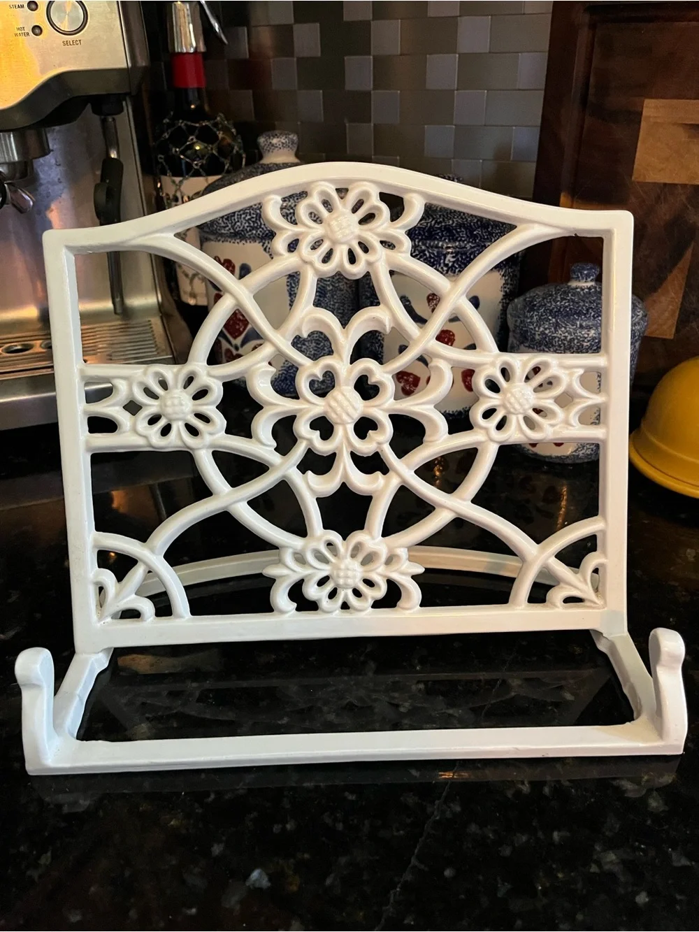 Vintage White Cast Iron Cookbook Stand-Ornate Floral Scrollwork Tablet Holder